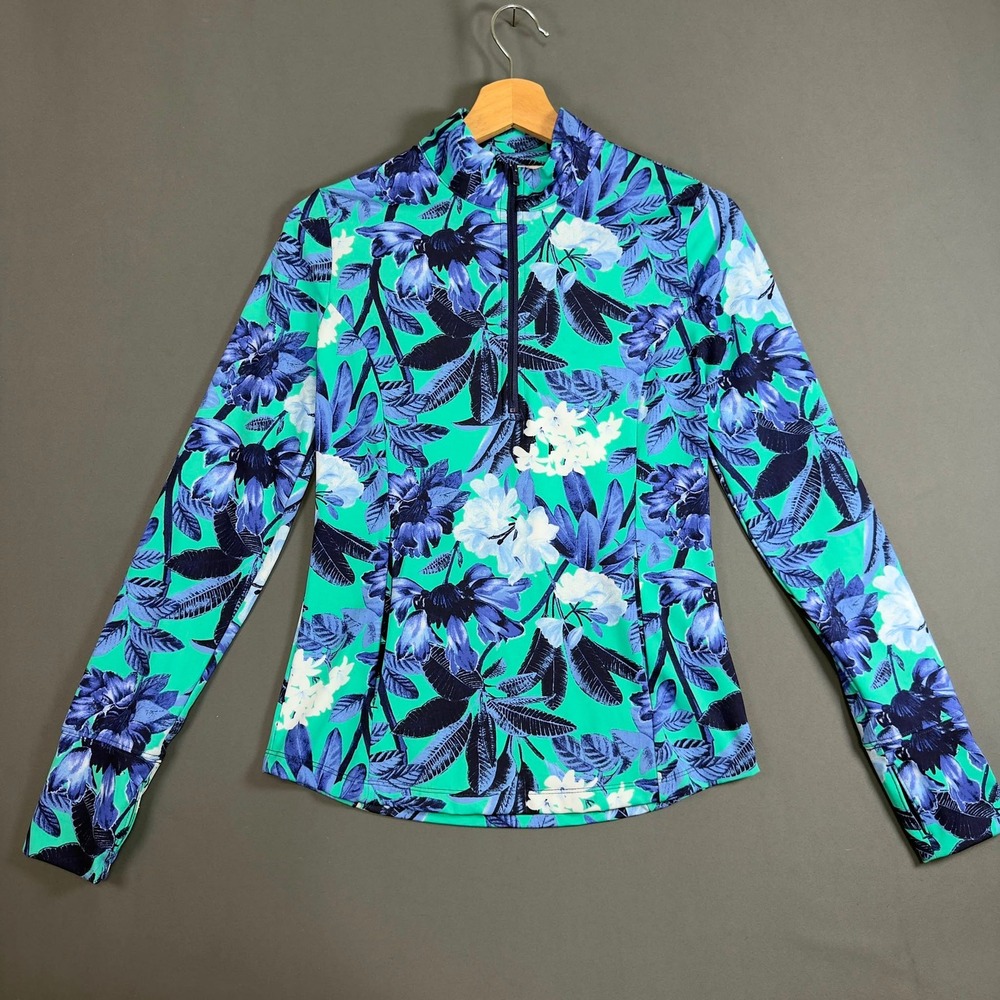 Tommy Bahama ACTIVE Womens XS Floral Rash Guard Teal Blue Long Sleeve Swim Top
